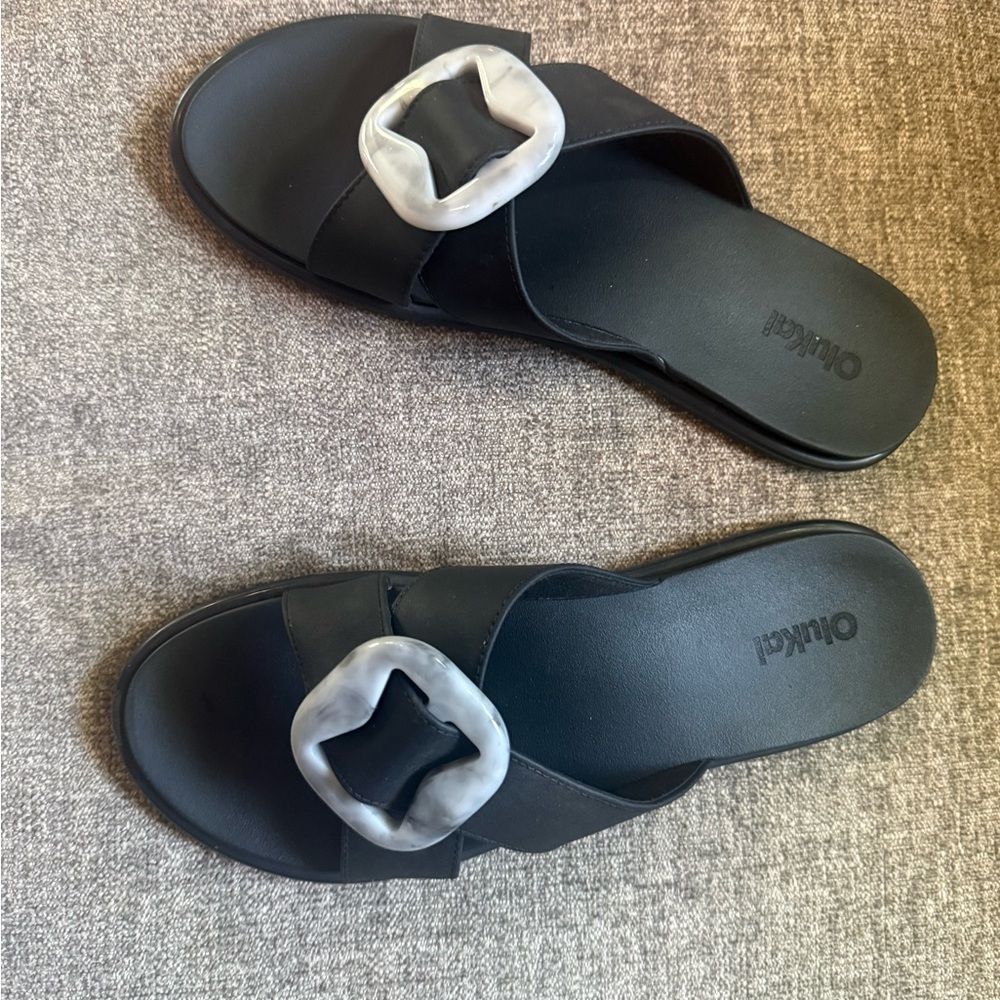 OluKai Black Sandals with White Buckle